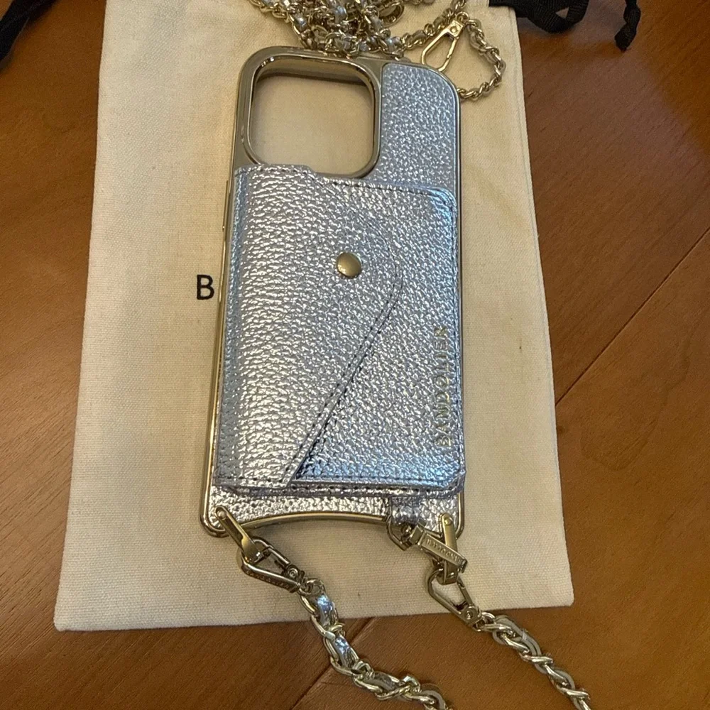 16 ProBandolier Metallic Silver Crossbody Phone Case with Cardholder &Gold Chain